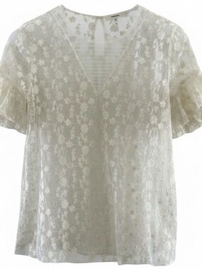 Maurices Sheer Floral Embroidered V-Neck Blouse With Ruffle Sleeves M Ivory